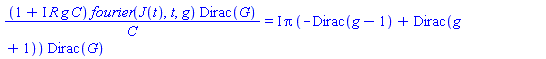(1+I*R*g*C)*fourier(J(t), t, g)*Dirac(G)/C = I*Pi*(-Dirac(g-1)+Dirac(g+1))*Dirac(G)