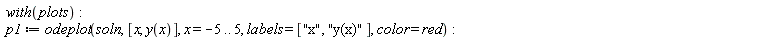 with(plots); p1 := odeplot(soln, [x, y(x)], x = -5 .. 5, labels = ["x", "y(x)"], color = red)