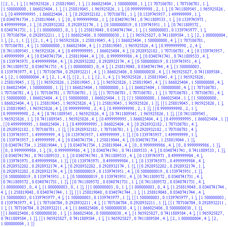 [[2., 1., HFloat(1.0)], [1.965925826, 1.258819045, HFloat(1.0)], [1.866025404, 1.500000000, HFloat(1.0)], [1.707106781, 1.707106781, HFloat(1.0)], [1.500000000, 1.866025404, HFloat(1.0)], [1.258819045, 1.965925826, HFloat(1.0)], [.9999999998, 2., HFloat(1.0)], [.7411809545, 1.965925826, HFloat(1.0)], [.4999999995, 1.866025404, HFloat(1.0)], [.2928932182, 1.707106781, HFloat(1.0)], [.1339745957, 1.499999999, HFloat(1.0)], [0.340741734e-1, 1.258819044, HFloat(1.0)], [0., .9999999986, HFloat(1.0)], [0.340741741e-1, .7411809533, HFloat(1.0)], [.1339745971, .4999999984, HFloat(1.0)], [.2928932202, .2928932174, HFloat(1.0)], [.5000000019, .1339745951, HFloat(1.0)], [.7411809572, 0.340741731e-1, HFloat(1.0)], [1.000000003, 0., HFloat(1.0)], [1.258819048, 0.340741744e-1, HFloat(1.0)], [1.500000003, .1339745977, HFloat(1.0)], [1.707106784, .2928932211, HFloat(1.0)], [1.866025406, .5000000030, HFloat(1.0)], [1.965925827, .7411809584, HFloat(1.0)], [2., 1.000000004, HFloat(1.0)], [2., 1., HFloat(1.0)]], [[2., 1., HFloat(4.0)], [1.965925826, 1.258819045, HFloat(4.0)], [1.866025404, 1.500000000, HFloat(4.0)], [1.707106781, 1.707106781, HFloat(4.0)], [1.500000000, 1.866025404, HFloat(4.0)], [1.258819045, 1.965925826, HFloat(4.0)], [.9999999998, 2., HFloat(4.0)], [.7411809545, 1.965925826, HFloat(4.0)], [.4999999995, 1.866025404, HFloat(4.0)], [.2928932182, 1.707106781, HFloat(4.0)], [.1339745957, 1.499999999, HFloat(4.0)], [0.340741734e-1, 1.258819044, HFloat(4.0)], [0., .9999999986, HFloat(4.0)], [0.340741741e-1, .7411809533, HFloat(4.0)], [.1339745971, .4999999984, HFloat(4.0)], [.2928932202, .2928932174, HFloat(4.0)], [.5000000019, .1339745951, HFloat(4.0)], [.7411809572, 0.340741731e-1, HFloat(4.0)], [1.000000003, 0., HFloat(4.0)], [1.258819048, 0.340741744e-1, HFloat(4.0)], [1.500000003, .1339745977, HFloat(4.0)], [1.707106784, .2928932211, HFloat(4.0)], [1.866025406, .5000000030, HFloat(4.0)], [1.965925827, .7411809584, HFloat(4.0)], [2., 1.000000004, HFloat(4.0)], [2., 1., HFloat(4.0)]], [[2., 1., HFloat(1.0)], [2., 1., HFloat(4.0)], [1.965925826, 1.258819045, HFloat(4.0)], [1.965925826, 1.258819045, HFloat(1.0)]], [[1.965925826, 1.258819045, HFloat(1.0)], [1.965925826, 1.258819045, HFloat(4.0)], [1.866025404, 1.500000000, HFloat(4.0)], [1.866025404, 1.500000000, HFloat(1.0)]], [[1.866025404, 1.500000000, HFloat(1.0)], [1.866025404, 1.500000000, HFloat(4.0)], [1.707106781, 1.707106781, HFloat(4.0)], [1.707106781, 1.707106781, HFloat(1.0)]], [[1.707106781, 1.707106781, HFloat(1.0)], [1.707106781, 1.707106781, HFloat(4.0)], [1.500000000, 1.866025404, HFloat(4.0)], [1.500000000, 1.866025404, HFloat(1.0)]], [[1.500000000, 1.866025404, HFloat(1.0)], [1.500000000, 1.866025404, HFloat(4.0)], [1.258819045, 1.965925826, HFloat(4.0)], [1.258819045, 1.965925826, HFloat(1.0)]], [[1.258819045, 1.965925826, HFloat(1.0)], [1.258819045, 1.965925826, HFloat(4.0)], [.9999999998, 2., HFloat(4.0)], [.9999999998, 2., HFloat(1.0)]], [[.9999999998, 2., HFloat(1.0)], [.9999999998, 2., HFloat(4.0)], [.7411809545, 1.965925826, HFloat(4.0)], [.7411809545, 1.965925826, HFloat(1.0)]], [[.7411809545, 1.965925826, HFloat(1.0)], [.7411809545, 1.965925826, HFloat(4.0)], [.4999999995, 1.866025404, HFloat(4.0)], [.4999999995, 1.866025404, HFloat(1.0)]], [[.4999999995, 1.866025404, HFloat(1.0)], [.4999999995, 1.866025404, HFloat(4.0)], [.2928932182, 1.707106781, HFloat(4.0)], [.2928932182, 1.707106781, HFloat(1.0)]], [[.2928932182, 1.707106781, HFloat(1.0)], [.2928932182, 1.707106781, HFloat(4.0)], [.1339745957, 1.499999999, HFloat(4.0)], [.1339745957, 1.499999999, HFloat(1.0)]], [[.1339745957, 1.499999999, HFloat(1.0)], [.1339745957, 1.499999999, HFloat(4.0)], [0.340741734e-1, 1.258819044, HFloat(4.0)], [0.340741734e-1, 1.258819044, HFloat(1.0)]], [[0.340741734e-1, 1.258819044, HFloat(1.0)], [0.340741734e-1, 1.258819044, HFloat(4.0)], [0., .9999999986, HFloat(4.0)], [0., .9999999986, HFloat(1.0)]], [[0., .9999999986, HFloat(1.0)], [0., .9999999986, HFloat(4.0)], [0.340741741e-1, .7411809533, HFloat(4.0)], [0.340741741e-1, .7411809533, HFloat(1.0)]], [[0.340741741e-1, .7411809533, HFloat(1.0)], [0.340741741e-1, .7411809533, HFloat(4.0)], [.1339745971, .4999999984, HFloat(4.0)], [.1339745971, .4999999984, HFloat(1.0)]], [[.1339745971, .4999999984, HFloat(1.0)], [.1339745971, .4999999984, HFloat(4.0)], [.2928932202, .2928932174, HFloat(4.0)], [.2928932202, .2928932174, HFloat(1.0)]], [[.2928932202, .2928932174, HFloat(1.0)], [.2928932202, .2928932174, HFloat(4.0)], [.5000000019, .1339745951, HFloat(4.0)], [.5000000019, .1339745951, HFloat(1.0)]], [[.5000000019, .1339745951, HFloat(1.0)], [.5000000019, .1339745951, HFloat(4.0)], [.7411809572, 0.340741731e-1, HFloat(4.0)], [.7411809572, 0.340741731e-1, HFloat(1.0)]], [[.7411809572, 0.340741731e-1, HFloat(1.0)], [.7411809572, 0.340741731e-1, HFloat(4.0)], [1.000000003, 0., HFloat(4.0)], [1.000000003, 0., HFloat(1.0)]], [[1.000000003, 0., HFloat(1.0)], [1.000000003, 0., HFloat(4.0)], [1.258819048, 0.340741744e-1, HFloat(4.0)], [1.258819048, 0.340741744e-1, HFloat(1.0)]], [[1.258819048, 0.340741744e-1, HFloat(1.0)], [1.258819048, 0.340741744e-1, HFloat(4.0)], [1.500000003, .1339745977, HFloat(4.0)], [1.500000003, .1339745977, HFloat(1.0)]], [[1.500000003, .1339745977, HFloat(1.0)], [1.500000003, .1339745977, HFloat(4.0)], [1.707106784, .2928932211, HFloat(4.0)], [1.707106784, .2928932211, HFloat(1.0)]], [[1.707106784, .2928932211, HFloat(1.0)], [1.707106784, .2928932211, HFloat(4.0)], [1.866025406, .5000000030, HFloat(4.0)], [1.866025406, .5000000030, HFloat(1.0)]], [[1.866025406, .5000000030, HFloat(1.0)], [1.866025406, .5000000030, HFloat(4.0)], [1.965925827, .7411809584, HFloat(4.0)], [1.965925827, .7411809584, HFloat(1.0)]], [[1.965925827, .7411809584, HFloat(1.0)], [1.965925827, .7411809584, HFloat(4.0)], [2., 1.000000004, HFloat(4.0)], [2., 1.000000004, HFloat(1.0)]]