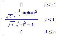 piecewise(t <= -1, 0, t < 1, 2^(1/2)*exp(-(1/2)*arcsin(t)^2)/(Pi^(1/2)*(-t^2+1)^(1/2)), 1 <= t, 0)