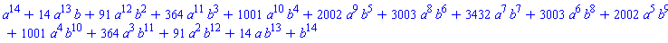 a^14+14*a^13*b+91*a^12*b^2+364*a^11*b^3+1001*a^10*b^4+2002*a^9*b^5+3003*a^8*b^6+3432*a^7*b^7+3003*a^6*b^8+2002*a^5*b^9+1001*a^4*b^10+364*a^3*b^11+91*a^2*b^12+14*a*b^13+b^14