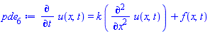diff(u(x, t), t) = k*(diff(diff(u(x, t), x), x))+f(x, t)
