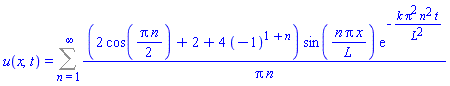 u(x, t) = Sum((2*cos((1/2)*Pi*n)+2+4*(-1)^(1+n))*sin(n*Pi*x/L)*exp(-k*Pi^2*n^2*t/L^2)/(Pi*n), n = 1 .. infinity)
