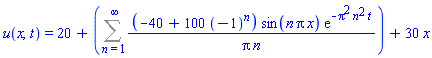 u(x, t) = 20+Sum((-40+100*(-1)^n)*sin(n*Pi*x)*exp(-Pi^2*n^2*t)/(Pi*n), n = 1 .. infinity)+30*x