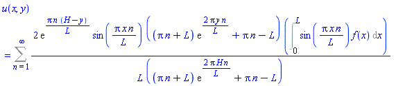 u(x, y) = Sum(2*exp(Pi*n*(H-y)/L)*sin(Pi*x*n/L)*((Pi*n+L)*exp(2*Pi*y*n/L)+Pi*n-L)*(Int(sin(Pi*x*n/L)*f(x), x = 0 .. L))/(L*((Pi*n+L)*exp(2*Pi*H*n/L)+Pi*n-L)), n = 1 .. infinity)
