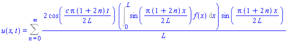 u(x, t) = Sum(2*cos((1/2)*c*Pi*(1+2*n)*t/L)*(Int(sin((1/2)*Pi*(1+2*n)*x/L)*f(x), x = 0 .. L))*sin((1/2)*Pi*(1+2*n)*x/L)/L, n = 0 .. infinity)