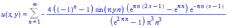 u(x, y) = Sum(-4*((-1)^n-1)*sin(Pi*y*n)*(exp(Pi*n*(2*x-1))-exp(Pi*n))*exp(-Pi*n*(x-1))/((exp(2*Pi*n)-1)*Pi^3*n^3), n = 1 .. infinity)
