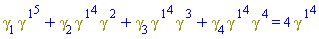 Physics:-`*`(Physics:-Dgamma[1], Physics:-`^`(Physics:-Dgamma[`~1`], 5))+Physics:-`*`(Physics:-Dgamma[2], Physics:-`^`(Physics:-Dgamma[`~1`], 4), Physics:-Dgamma[`~2`])+Physics:-`*`(Physics:-Dgamma[3], Physics:-`^`(Physics:-Dgamma[`~1`], 4), Physics:-Dgamma[`~3`])+Physics:-`*`(Physics:-Dgamma[4], Physics:-`^`(Physics:-Dgamma[`~1`], 4), Physics:-Dgamma[`~4`]) = 4*Physics:-`^`(Physics:-Dgamma[`~1`], 4)