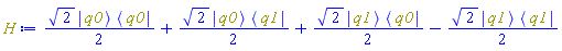 (1/2)*2^(1/2)*Physics:-`*`(Physics:-Ket(q0), Physics:-Bra(q0))+(1/2)*2^(1/2)*Physics:-`*`(Physics:-Ket(q0), Physics:-Bra(q1))+(1/2)*2^(1/2)*Physics:-`*`(Physics:-Ket(q1), Physics:-Bra(q0))-(1/2)*2^(1/2)*Physics:-`*`(Physics:-Ket(q1), Physics:-Bra(q1))