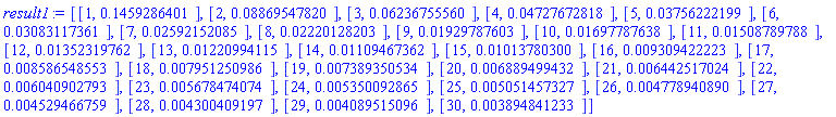 result1 := [[1, .1459286401], [2, 0.8869547820e-1], [3, 0.6236755560e-1], [4, 0.4727672818e-1], [5, 0.3756222199e-1], [6, 0.3083117361e-1], [7, 0.2592152085e-1], [8, 0.2220128203e-1], [9, 0.1929787603e-1], [10, 0.1697787638e-1], [11, 0.1508789788e-1], [12, 0.1352319762e-1], [13, 0.1220994115e-1], [14, 0.1109467362e-1], [15, 0.1013780300e-1], [16, 0.9309422223e-2], [17, 0.8586548553e-2], [18, 0.7951250986e-2], [19, 0.7389350534e-2], [20, 0.6889499432e-2], [21, 0.6442517024e-2], [22, 0.6040902793e-2], [23, 0.5678474074e-2], [24, 0.5350092865e-2], [25, 0.5051457327e-2], [26, 0.4778940890e-2], [27, 0.4529466759e-2], [28, 0.4300409197e-2], [29, 0.4089515096e-2], [30, 0.3894841233e-2]]