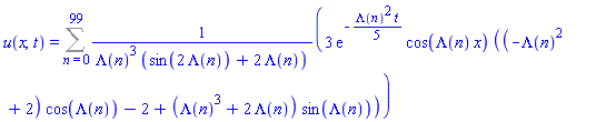 u(x, t) = Sum(3*exp(-(1/5)*Lambda(n)^2*t)*cos(Lambda(n)*x)*((-Lambda(n)^2+2)*cos(Lambda(n))-2+(Lambda(n)^3+2*Lambda(n))*sin(Lambda(n)))/(Lambda(n)^3*(sin(2*Lambda(n))+2*Lambda(n))), n = 0 .. 99)