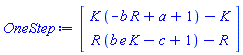 Vector(2, {(1) = K*(-R*b+a+1)-K, (2) = R*(K*b*e-c+1)-R})