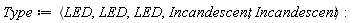 Type := `<,>`(LED, LED, LED, Incandescent, Incandescent)