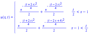 u(x, t) = piecewise((1/2)*t < x-1, (1/2)*exp(-(1/4)*(t+2*x)^2)+(1/2)*exp(-(1/4)*(t-2*x)^2), x-1 < (1/2)*t, (1/2)*exp(-(1/4)*(t+2*x)^2)+(1/2)*exp(-(1/4)*(t-2*x+4)^2))