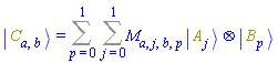 Physics:-Ket(C, a, b) = Sum(Sum(M[a, j, b, p]*Physics:-`*`(Physics:-Ket(A, j), Physics:-Ket(B, p)), j = 0 .. 1), p = 0 .. 1)