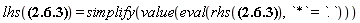 lhs(Physics[`*`](Bra(`#msup(mi("a"),mo("&uminus0;"))`, beta), Ket(`#msup(mi("a"),mo("&uminus0;"))`, alpha)) = Physics[`*`](Sum(exp(-(1/2)*abs(beta)^2)*conjugate(beta)^k*Bra(A, k)/factorial(k)^(1/2), k = 0 .. infinity), Sum(exp(-(1/2)*abs(alpha)^2)*alpha^n*Ket(A, n)/factorial(n)^(1/2), n = 0 .. infinity))) = simplify(value(eval(rhs(Physics[`*`](Bra(`#msup(mi("a"),mo("&uminus0;"))`, beta), Ket(`#msup(mi("a"),mo("&uminus0;"))`, alpha)) = Physics[`*`](Sum(exp(-(1/2)*abs(beta)^2)*conjugate(beta)^k*Bra(A, k)/factorial(k)^(1/2), k = 0 .. infinity), Sum(exp(-(1/2)*abs(alpha)^2)*alpha^n*Ket(A, n)/factorial(n)^(1/2), n = 0 .. infinity))), `*` = `.`)))