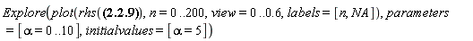 Explore(plot(rhs(%Bracket(Bra(A, n), Ket(`#msup(mi("a"),mo("&uminus0;"))`, alpha)) = exp(-(1/2)*abs(alpha)^2)*alpha^n/factorial(n)^(1/2)), n = 0 .. 200, view = 0 .. .6, labels = [n, NA]), parameters = [alpha = 0 .. 10], initialvalues = [alpha = 5])