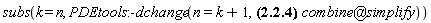 subs(k = n, PDEtools:-dchange(n = k+1, Physics[`*`](`#msup(mi("a"),mo("&uminus0;"))`, Ket(`#msup(mi("a"),mo("&uminus0;"))`, alpha)) = Physics[`*`](`#msup(mi("a"),mo("&uminus0;"))`, Sum(exp(-(1/2)*abs(alpha)^2)*alpha^n*Ket(A, n)/factorial(n)^(1/2), n = 1 .. infinity)), `@`(combine, simplify)))