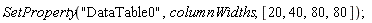 DocumentTools:-SetProperty("DataTable0", columnWidths, [20, 40, 80, 80]);