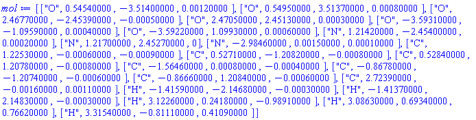 [["O", .5454, -3.514, 0.12e-2], ["O", .5495, 3.5137, 0.8e-3], ["O", 2.4677, -2.4539, -0.5e-3], ["O", 2.4705, 2.4513, 0.3e-3], ["O", -3.5931, -1.0959, 0.4e-3], ["O", -3.5922, 1.0993, 0.6e-3], ["N", 1.2142, -2.454, 0.2e-3], ["N", 1.217, 2.4527, 0], ["N", -2.9846, 0.15e-2, 0.1e-3], ["C", 1.2253, -0.6e-3, -0.9e-3], ["C", .5271, -1.2082, -0.8e-3], ["C", .5284, 1.2078, -0.8e-3], ["C", -1.5646, 0.8e-3, -0.4e-3], ["C", -.8678, -1.2074, -0.6e-3], ["C", -.8666, 1.2084, -0.6e-3], ["C", 2.7239, -0.16e-2, 0.11e-2], ["H", -1.4159, -2.1468, -0.3e-3], ["H", -1.4137, 2.1483, -0.3e-3], ["H", 3.1226, .2418, -.9891], ["H", 3.0863, .6934, .7662], ["H", 3.3154, -.8111, .4109]]
