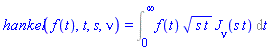 hankel(f(t), t, s, nu) = Int(f(t)*(s*t)^(1/2)*BesselJ(nu, s*t), t = 0 .. infinity)