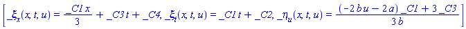 [_xi[x](x, t, u) = (1/3)*_C1*x+_C3*t+_C4, _xi[t](x, t, u) = _C1*t+_C2, _eta[u](x, t, u) = (1/3)*((-2*b*u-2*a)*_C1+3*_C3)/b]