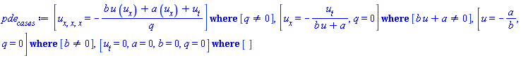 `casesplit/ans`([diff(diff(diff(u(x, t), x), x), x) = -(b*u(x, t)*(diff(u(x, t), x))+a*(diff(u(x, t), x))+diff(u(x, t), t))/q], [q <> 0]), `casesplit/ans`([diff(u(x, t), x) = -(diff(u(x, t), t))/(b*u(x, t)+a), q = 0], [b*u(x, t)+a <> 0]), `casesplit/ans`([u(x, t) = -a/b, q = 0], [b <> 0]), `casesplit/ans`([diff(u(x, t), t) = 0, a = 0, b = 0, q = 0], [])