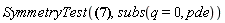 SymmetryTest([_xi[x](x, t, u) = 1, _xi[t](x, t, u) = (b^3*t*u^4+((3*a*t-x)*u^3-u^2*x-t*x*u)*b^2+((3*a^2*t-2*a*x)*u^2-a*u*x-a*t*x+x^2)*b+a^2*u*(a*t-x))/(b*u+a)^3, _eta[u](x, t, u) = (b*u^2+(b*t+a)*u+a*t-x)/(b*u+a)], subs(q = 0, pde))