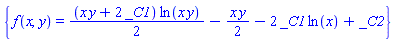 {f(x, y) = (1/2)*(x*y+2*_C1)*ln(x*y)-(1/2)*x*y-2*_C1*ln(x)+_C2}