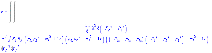 F = %FeynmanIntegral(%FeynmanIntegral(((3/8)*I)*lambda^2*Dirac(-P__2[`~kappa`]+P__1[`~kappa`])/(Pi^7*(E__1*E__2)^(1/2)*(p__2[mu]*p__2[`~mu`]-m__phi^2+I*Physics:-FeynmanDiagrams:-epsilon)*(p__3[nu]*p__3[`~nu`]-m__phi^2+I*Physics:-FeynmanDiagrams:-epsilon)*((-P__1[beta]-p__2[beta]-p__3[beta])*(-P__1[`~beta`]-p__2[`~beta`]-p__3[`~beta`])-m__phi^2+I*Physics:-FeynmanDiagrams:-epsilon)), [[p__2]]), [[p__3]])