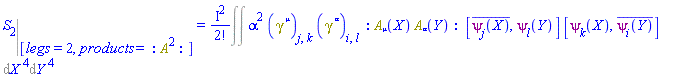 %eval(S[2], [legs = 2, products = _NP(A, A)]) = %FeynmanIntegral(alpha^2*Physics:-Dgamma[`~mu`][j, k]*Physics:-Dgamma[`~alpha`][i, l]*_GF(_NP(A[mu](X), A[alpha](Y)), [[conjugate(psi[j](X)), psi[l](Y)], [psi[k](X), conjugate(psi[i](Y))]]), [[X], [Y]])
