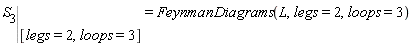 %eval(S[3], [`=`(legs, 2), `=`(loops, 3)]) = FeynmanDiagrams(L, legs = 2, loops = 3)