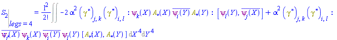 %eval(S[2], legs = 4) = %FeynmanIntegral(-2*alpha^2*Physics:-Dgamma[`~mu`][j, k]*Physics:-Dgamma[`~alpha`][i, l]*_GF(_NP(psi[k](X), A[mu](X), conjugate(psi[i](Y)), A[alpha](Y)), [[psi[l](Y), conjugate(psi[j](X))]])+alpha^2*Physics:-Dgamma[`~mu`][j, k]*Physics:-Dgamma[`~alpha`][i, l]*_GF(_NP(conjugate(psi[j](X)), psi[k](X), conjugate(psi[i](Y)), psi[l](Y)), [[A[mu](X), A[alpha](Y)]]), [[X], [Y]])