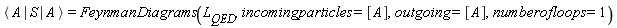 `#mfenced(mrow(mo("&InvisibleTimes;"),mi("A"),mo("&InvisibleTimes;"),mo("&verbar;"),mo("&InvisibleTimes;"),mi("S"),mo("&InvisibleTimes;"),mo("&verbar;"),mo("&InvisibleTimes;"),mi("A"),mo("&InvisibleTimes;")),open = "&lang;",close = "&rang;")` = FeynmanDiagrams(L__QED, incomingparticles = [A], outgoing = [A], numberofloops = 1)