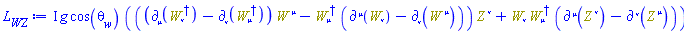 I*g*cos(theta__w)*(Physics:-`*`(Physics:-`*`(Physics:-d_[mu](Physics:-Dagger(W[nu](X)), [X])-Physics:-d_[nu](Physics:-Dagger(W[mu](X)), [X]), W[`~mu`](X))-Physics:-`*`(Physics:-Dagger(W[mu](X)), Physics:-d_[`~mu`](W[nu](X), [X])-Physics:-d_[nu](W[`~mu`](X), [X])), Z[`~nu`](X))+Physics:-`*`(W[nu](X), Physics:-Dagger(W[mu](X)), Physics:-d_[`~mu`](Z[`~nu`](X), [X])-Physics:-d_[`~nu`](Z[`~mu`](X), [X])))