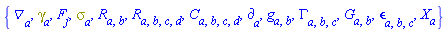{Physics:-D_[a], Physics:-Dgamma[a], F[j], Physics:-Psigma[a], Physics:-Ricci[a, b], Physics:-Riemann[a, b, c, d], Physics:-Weyl[a, b, c, d], Physics:-d_[a], Physics:-g_[a, b], Physics:-Christoffel[a, b, c], Physics:-Einstein[a, b], Physics:-LeviCivita[a, b, c], Physics:-SpaceTimeVector[a](X)}