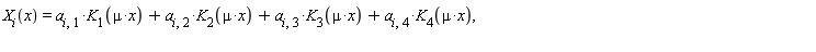 "`X__i`(x)=`a__i,1`*`K__1`(mu*x)+`a__i,2`*`K__2`(mu*x)+`a__i,3`*`K__3`(mu*x)+`a__i,4`*`K__4`(mu*x),  "
