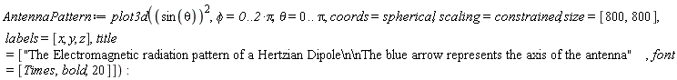 AntennaPattern := plot3d(sin(theta)^2, phi = 0 .. 2*Pi, theta = 0 .. Pi, coords = spherical, scaling = constrained, size = [800, 800], labels = [x, y, z], title = ["The Electromagnetic radiation pattern of a Hertzian Dipole\n\nThe blue arrow represents the axis of the antenna", font = [Times, bold, 20]])