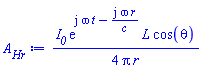(1/4)*I__0*exp(I*omega*t-I*omega*r/c)*L*cos(theta)/(Pi*r)