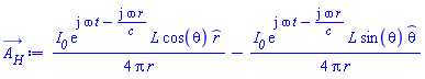 (1/4)*I__0*exp(I*omega*t-I*omega*r/c)*L*cos(theta)*_r/(Pi*r)-(1/4)*I__0*exp(I*omega*t-I*omega*r/c)*L*sin(theta)*_theta/(Pi*r)