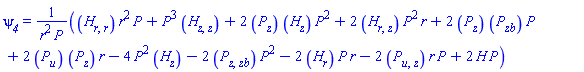 psi__4 = ((diff(diff(H(X), r), r))*r^2*P(z, zb, u)+P(z, zb, u)^3*(diff(diff(H(X), z), z))+2*(diff(P(z, zb, u), z))*(diff(H(X), z))*P(z, zb, u)^2+2*(diff(diff(H(X), r), z))*P(z, zb, u)^2*r+2*(diff(P(z, zb, u), z))*(diff(P(z, zb, u), zb))*P(z, zb, u)+2*(diff(P(z, zb, u), u))*(diff(P(z, zb, u), z))*r-4*P(z, zb, u)^2*(diff(H(X), z))-2*(diff(diff(P(z, zb, u), z), zb))*P(z, zb, u)^2-2*(diff(H(X), r))*P(z, zb, u)*r-2*(diff(diff(P(z, zb, u), u), z))*r*P(z, zb, u)+2*H(X)*P(z, zb, u))/(r^2*P(z, zb, u))