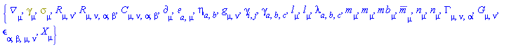 {Physics:-D_[mu], Physics:-Dgamma[mu], Physics:-Psigma[mu], Physics:-Ricci[mu, nu], Physics:-Riemann[mu, nu, alpha, beta], Physics:-Weyl[mu, nu, alpha, beta], Physics:-d_[mu], Physics:-Tetrads:-e_[a, mu], Physics:-Tetrads:-eta_[a, b], Physics:-g_[mu, nu], Physics:-gamma_[i, j], Physics:-Tetrads:-gamma_[a, b, c], l[mu], Physics:-Tetrads:-l_[mu], Physics:-Tetrads:-lambda_[a, b, c], m[mu], Physics:-Tetrads:-m_[mu], mb[mu], Physics:-Tetrads:-mb_[mu], n[mu], Physics:-Tetrads:-n_[mu], Physics:-Christoffel[mu, nu, alpha], Physics:-Einstein[mu, nu], Physics:-LeviCivita[alpha, beta, mu, nu], Physics:-SpaceTimeVector[mu](X)}