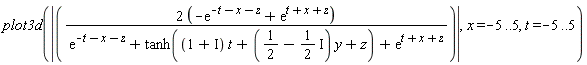 plot3d(abs((2*(-exp(-t-x-z)+exp(t+x+z)))/(exp(-t-x-z)+tanh((1+I)*t+(1/2-1/2*I)*y+z)+exp(t+x+z))), x = -5 .. 5, t = -5 .. 5)