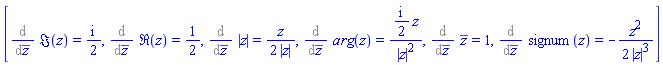 [%diff(Im(z), conjugate(z)) = (1/2)*I, %diff(Re(z), conjugate(z)) = 1/2, %diff(abs(z), conjugate(z)) = (1/2)*z/abs(z), %diff(argument(z), conjugate(z)) = ((1/2)*I)*z/abs(z)^2, %diff(conjugate(z), conjugate(z)) = 1, %diff(signum(z), conjugate(z)) = -(1/2)*z^2/abs(z)^3]