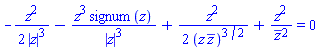 -(1/2)*z^2/abs(z)^3-z^3*signum(z)/abs(z)^3+(1/2)*z^2/(z*conjugate(z))^(3/2)+z^2/conjugate(z)^2 = 0