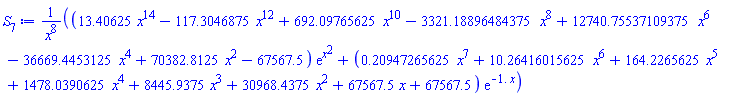 ((13.40625*x^14-117.3046875*x^12+692.09765625*x^10-3321.18896484375*x^8+12740.75537109375*x^6-36669.4453125*x^4+70382.8125*x^2-67567.5)*exp(x^2)+(.20947265625*x^7+10.26416015625*x^6+164.2265625*x^5+1478.0390625*x^4+8445.9375*x^3+30968.4375*x^2+67567.5*x+67567.5)*exp(-1.*x))/x^8