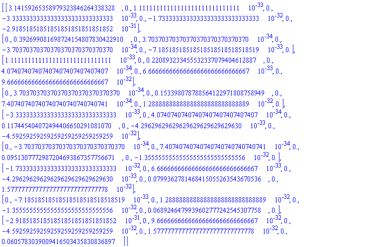 Matrix([[3.14159265358979323846264338328, 0., 0.111111111111111111111111111111e-32, 0., -0.333333333333333333333333333333e-32, 0., -0.173333333333333333333333333333e-31, 0., -0.291851851851851851851851851852e-30], [0., .392699081698724154807830422910, 0., 0.370370370370370370370370370370e-33, 0., -0.370370370370370370370370370370e-33, 0., -0.718518518518518518518518518519e-32, 0.], [0.111111111111111111111111111111e-32, 0., .220893233455532337079404612887, 0., 0.407407407407407407407407407407e-33, 0., 0.666666666666666666666666666667e-32, 0., 0.966666666666666666666666666667e-31], [0., 0.370370370370370370370370370370e-33, 0., .153398078788564122971808758949, 0., 0.740740740740740740740740740741e-33, 0., 0.128888888888888888888888888889e-31, 0.], [-0.333333333333333333333333333333e-32, 0., 0.407407407407407407407407407407e-33, 0., .117445404072494406650291081070, 0., -0.429629629629629629629629629630e-32, 0., -0.459259259259259259259259259259e-31], [0., -0.370370370370370370370370370370e-33, 0., 0.740740740740740740740740740741e-33, 0., 0.951307772987204693867357756671e-1, 0., -0.135555555555555555555555555556e-31, 0.], [-0.173333333333333333333333333333e-31, 0., 0.666666666666666666666666666667e-32, 0., -0.429629629629629629629629629630e-32, 0., 0.799362781468415055263543670536e-1, 0., 0.157777777777777777777777777778e-31], [0., -0.718518518518518518518518518519e-32, 0., 0.128888888888888888888888888889e-31, 0., -0.135555555555555555555555555556e-31, 0., 0.689246479939602777242545307758e-1, 0.], [-0.291851851851851851851851851852e-30, 0., 0.966666666666666666666666666667e-31, 0., -0.459259259259259259259259259259e-31, 0., 0.157777777777777777777777777778e-31, 0., 0.605783039009416503435830836897e-1]])