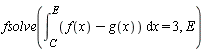 fsolve(int(f(x)-g(x), x = C .. E) = 3, E)