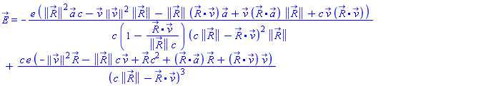 E_(X) = -e*(Physics:-Vectors:-Norm(R_)^2*a_*c-v_*Physics:-Vectors:-Norm(v_)^2*Physics:-Vectors:-Norm(R_)-Physics:-Vectors:-Norm(R_)*Physics:-Vectors:-`.`(R_, v_)*a_+v_*Physics:-Vectors:-`.`(R_, a_)*Physics:-Vectors:-Norm(R_)+c*v_*Physics:-Vectors:-`.`(R_, v_))/(c*(1-Physics:-Vectors:-`.`(R_, v_)/(Physics:-Vectors:-Norm(R_)*c))*(c*Physics:-Vectors:-Norm(R_)-Physics:-Vectors:-`.`(R_, v_))^2*Physics:-Vectors:-Norm(R_))+c*e*(-Physics:-Vectors:-Norm(v_)^2*R_-Physics:-Vectors:-Norm(R_)*c*v_+R_*c^2+Physics:-Vectors:-`.`(R_, a_)*R_+Physics:-Vectors:-`.`(R_, v_)*v_)/(c*Physics:-Vectors:-Norm(R_)-Physics:-Vectors:-`.`(R_, v_))^3