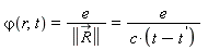 `&varphi;`(r, t(x)) = e/LinearAlgebra[Norm](`#mover(mi("R"),mo("&rarr;"))`) and e/LinearAlgebra[Norm](`#mover(mi("R"),mo("&rarr;"))`) = e/(c*(t(x)-(diff(t(x), x))))